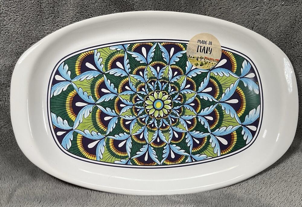 Nova Deruta Italy Hand Painted Ceramic Serving Dish 11.5X7.5 Geometric Medallion